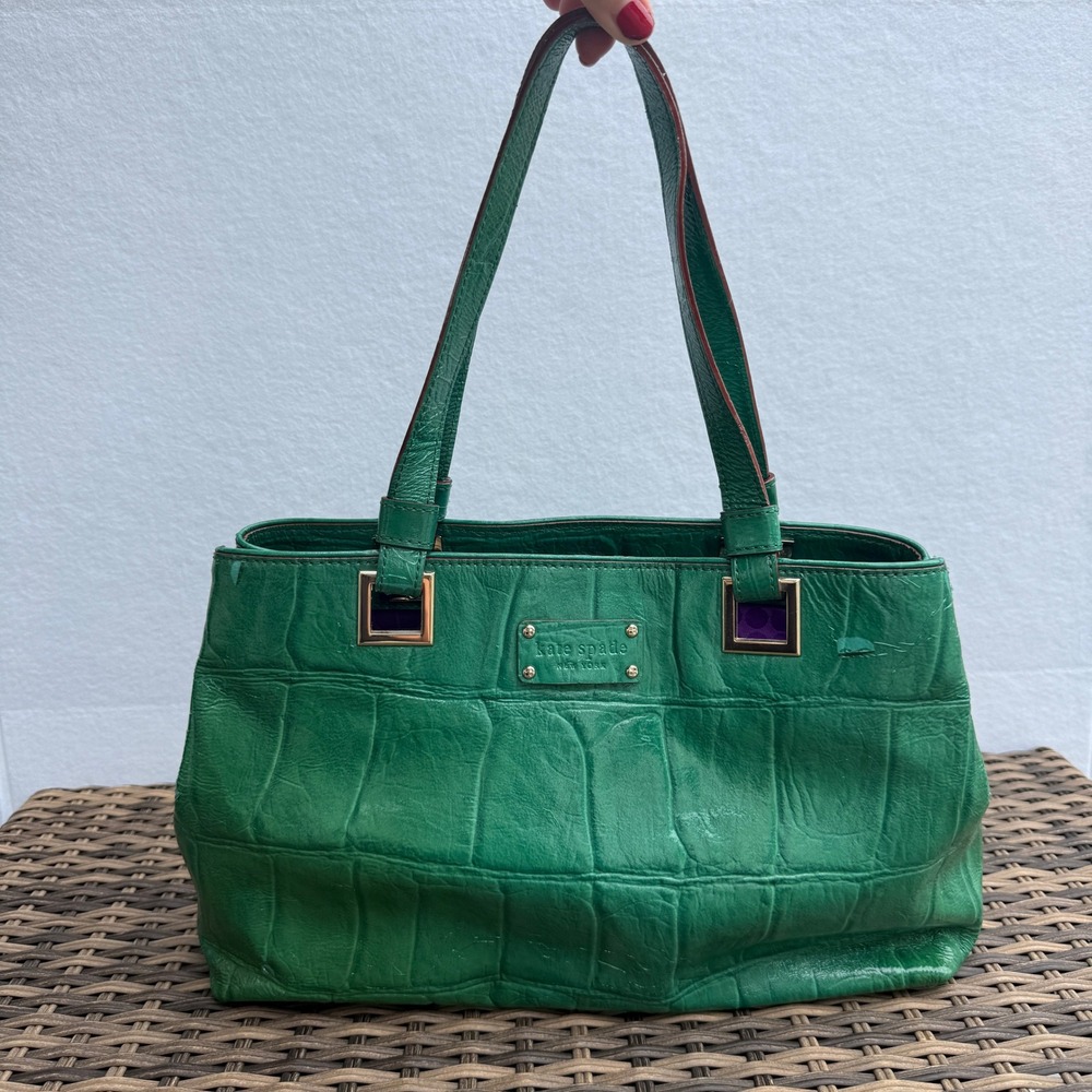 Kate Spade New York Green Embossed Patent Leather Tote Shoulder Bag Croc Large